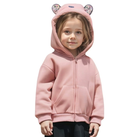 Byoo Toddler Girls Zip-Up Hoodie Cute Bear Ear Hooded Sweatshirt Solid Casual Jacket Coat
