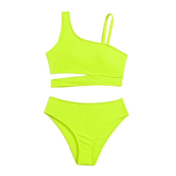 Byoo Toddler Tween Girls UPF 50+ Two Piece Bikini Set One Shoulder Solid Color Beach Pool Swimwear,Yellow
