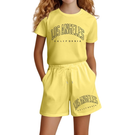Byoo Tracksuit Sets for Toddler Girl Letter Graphic Short Sleeve Crew Neck Tee Shorts Sweatsui Basic Sporty Outfit Set