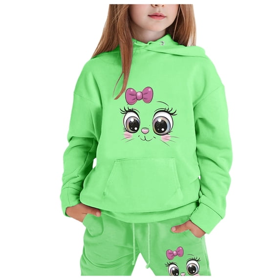 Byoo Tracksuit for Tween Girls Cartoon Cat Printed Pullover Hoodie with Pocket Jogger Outfit Casual Sweatsuit Set