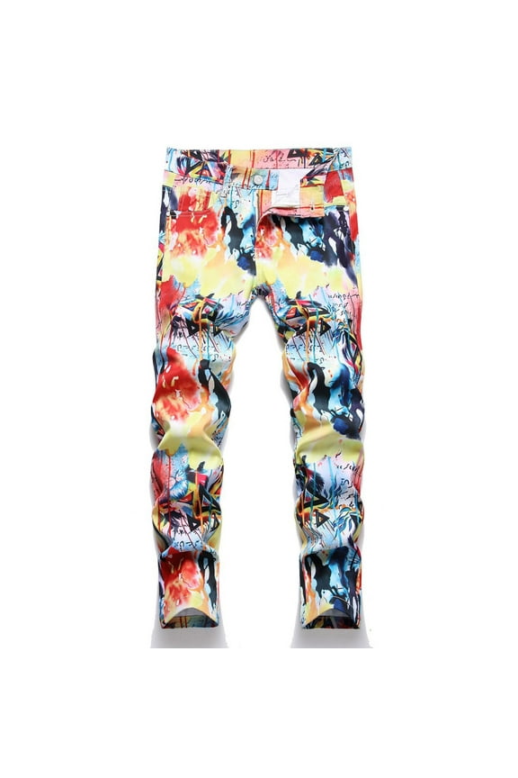 Trendy Denim Pants for Teen Boy Abstract Graffiti Print Stretch Jeans Casual School Pants for Child,Red