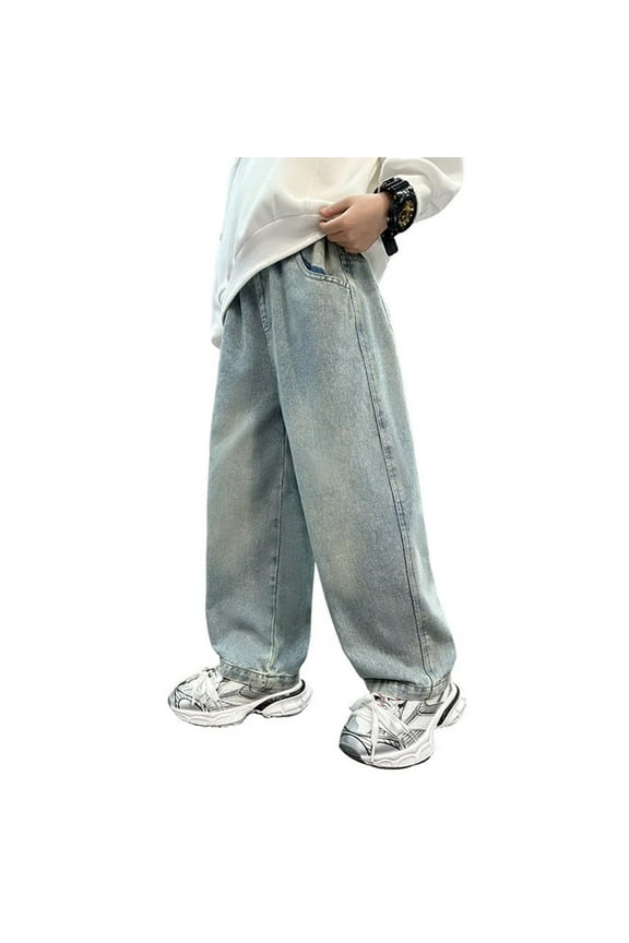 Tween Boy Denim Pants Straight Leg Handsome Person Graphic Vintage Loose Fit Husky Trousers Streetwear Jeans for Kids