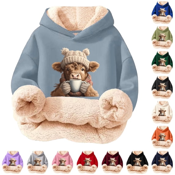 Byoo Tween Boy Lined Hooded Sweatshirt Classic Cute Cow Printing Full Sleeve Unisex Hoodie Kids Winter Pullover Top,Light Blue