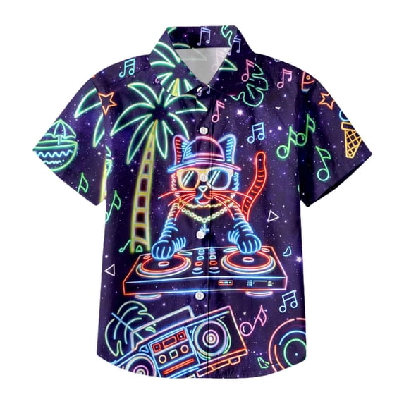 Byoo Tween Boy Neon DJ Cat Print Button Down Shirt Short Sleeve Button Tee Shirt Casual Kids Pullover Blouse