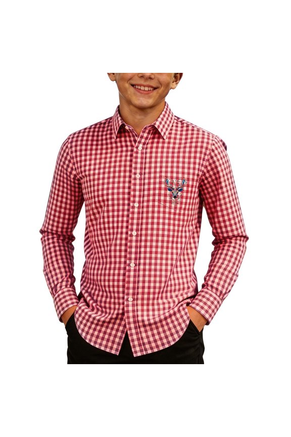 Tween Boy's Embroidered Button Down Shirt Gingham Bavarian Long Sleeve Top Oktoberfest Button-Up Blouse