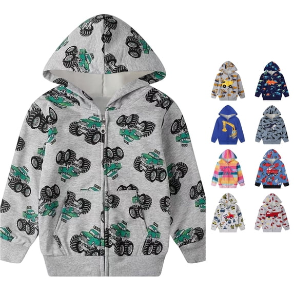 Byoo Tween Boy's Fire Truck All Over Full Print Hoodie Zipper Long Sleeve Cartoon Hooded Sweatshirt Daily Pullover Top,Green