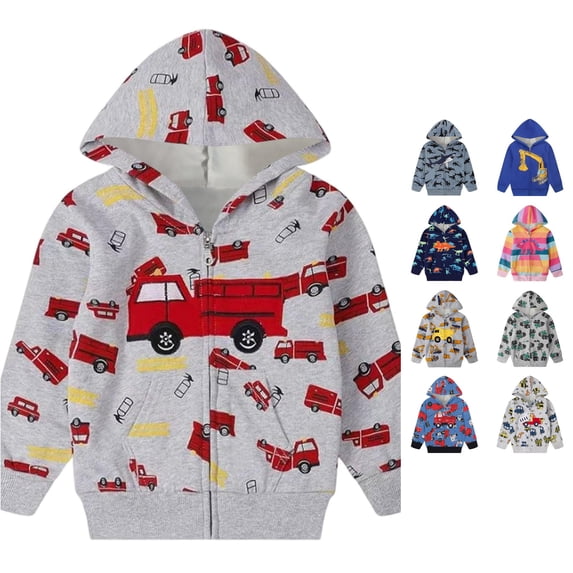 Byoo Tween Boy's Fire Truck All Over Full Print Hoodie Zipper Long Sleeve Cartoon Hooded Sweatshirt Daily Pullover Top,Red