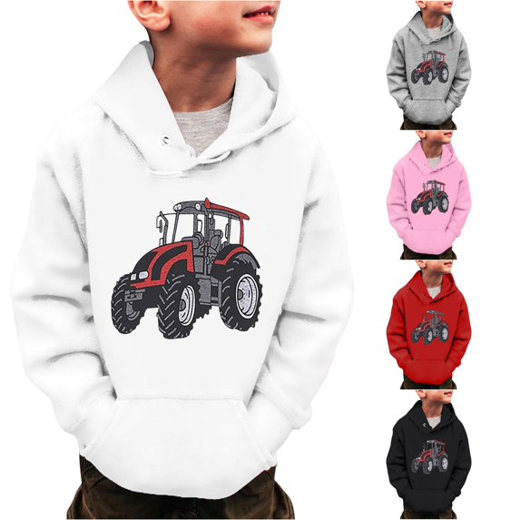 Byoo Tween Boy's Fun Print Hoodie Long Sleeve Tractor Graphic Pullover Play Casual Hooded Sweatshirt,White