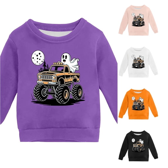 Byoo Tween Boy's Halloween Ghost Monster‑Truck Moon Graphic Sweatshirt Long Sleeve Fall Pullover Sweatshirts A9
