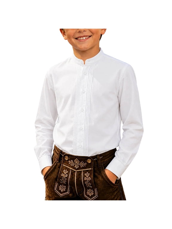 Tween Boy's Pleated Solid Shirt Mandarin Collar Long Sleeve Bavarian Top Oktoberfest Button Down Blouse