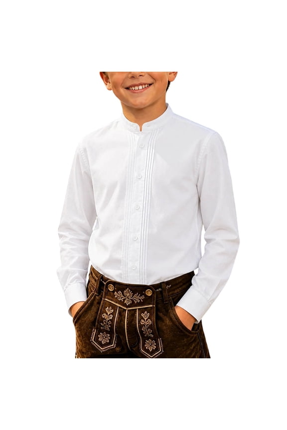 Tween Boy's Pleated Solid Shirt Mandarin Collar Long Sleeve Bavarian Top Oktoberfest Button Down Blouse