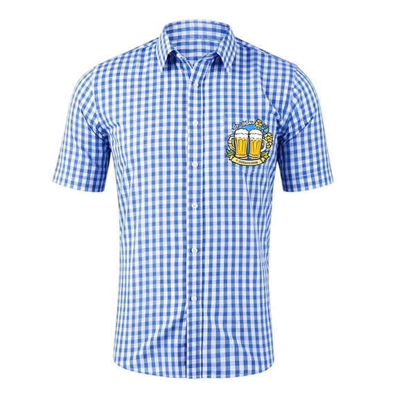 Byoo Tween Boy's Script Hop Printed Shirt Gingham Lapel Collar Short Sleeve Bavarian Top Oktoberfest Blouse