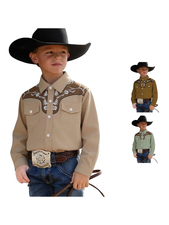 Tween Boy's Sharp Shirt Western Embroidery Long‑Sleeve Button‑Down Shirts Tops