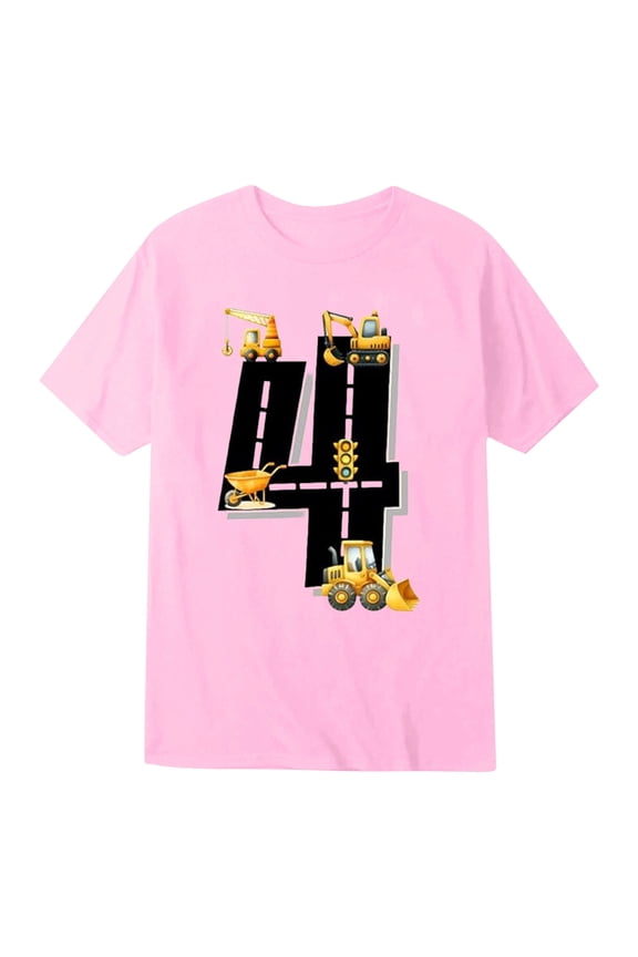 Tween Boys 4th Birthday Tshirt Construction Vehicle Graphic Short Sleeve Crew Neck Kids T Shirt,Pink
