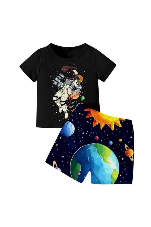 Tween Boys Astronaut Space Print Short Sleeve T Shirt And Shorts Two Piece Casual Summer Outfit Set