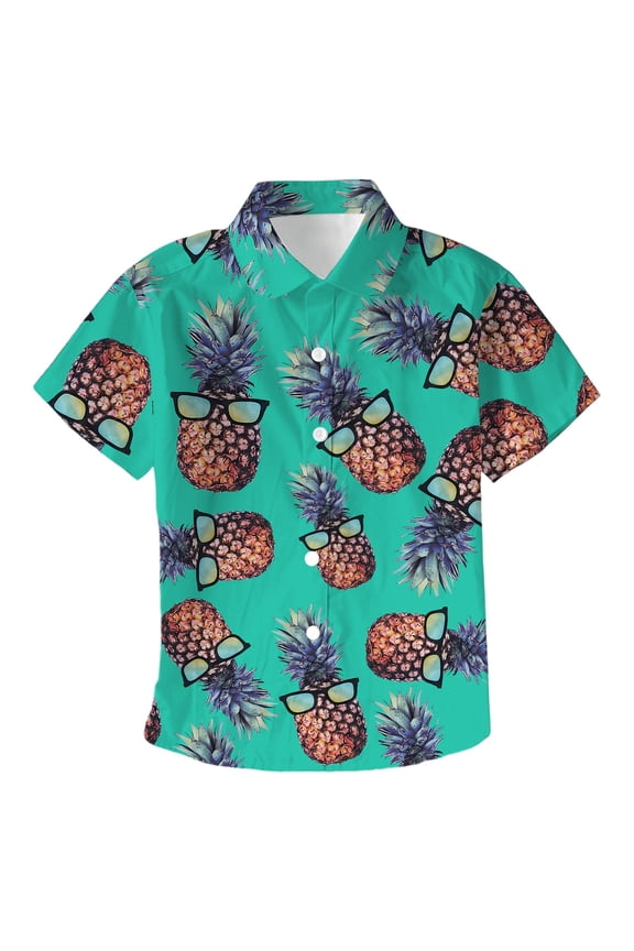 Tween Boys Button Down Shirt Pineapple Print Short Sleeve Tropical Fruit Pattern Shirt Lightweight Soft Top for Children