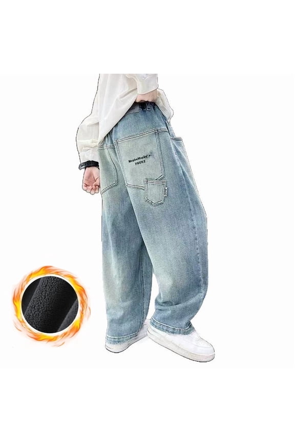 Tween Boys Lined Denim Jeans Thickened Warm Wide Straight Leg High Rise Casual Trousers Baggy Husky Pants,Light Blue