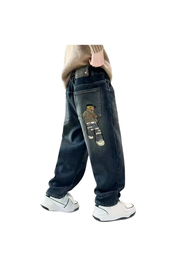 Tween Boys Graphic Wide Leg Jeans Patch Pocket wide leg Urban Trend Denim Bottoms