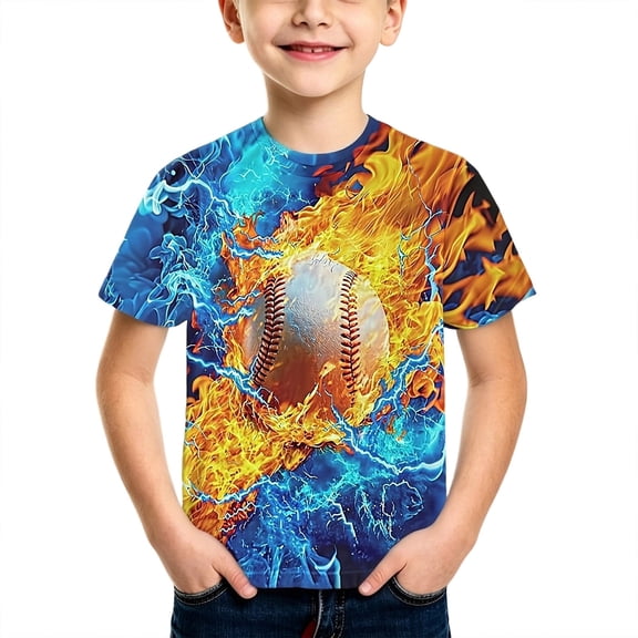 Byoo Tween Boys Summer Bold Tee Shirt Fire Lightning Baseball Print Sports Short Sleeve Tops