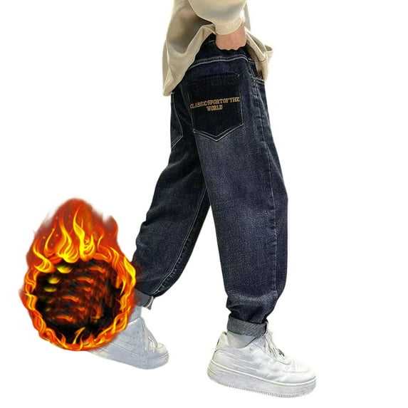 Byoo Tween Boys Thickened Lined Jeans Casual Wide Leg Straight Fit Kids Loose Fit Jeans Pull-On Classic Trousers
