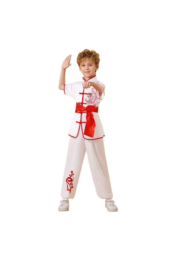 Tween Boys Traditional Martial Arts Uniform Short Sleeve Top Pants Embroidery Practice Outfit