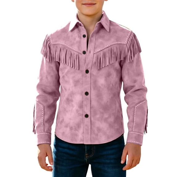 Byoo Tween Boys Western Fringe Suede Shirt Button Down Long Sleeve Top for Casual,Pink