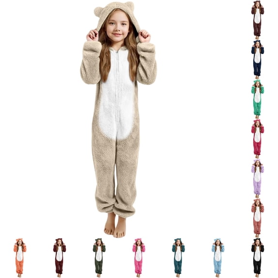 Byoo Tween Girl Bear Onesie Pajamas Fuzzy Sherpa Hooded Bear Ears Zip Up Jumpsuit Halloween Sleepwear