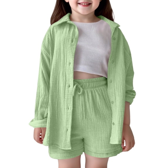 Byoo Tween Girl Crinkle Gauze Outfit Set Solid Button-Up Shirt Shorts Lightweight Clothing Set
