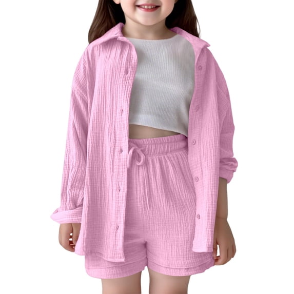 Byoo Tween Girl Crinkle Gauze Outfit Set Solid Button-Up Shirt Shorts Lightweight Clothing Set