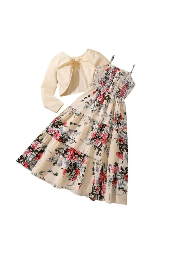 Tween Girl Floral Printed Spaghetti Dress Outfit Set Long Sleeve Bow Crop Top Dress Cloth Set Soft Comfy Elegant Casual Two Piece Sets