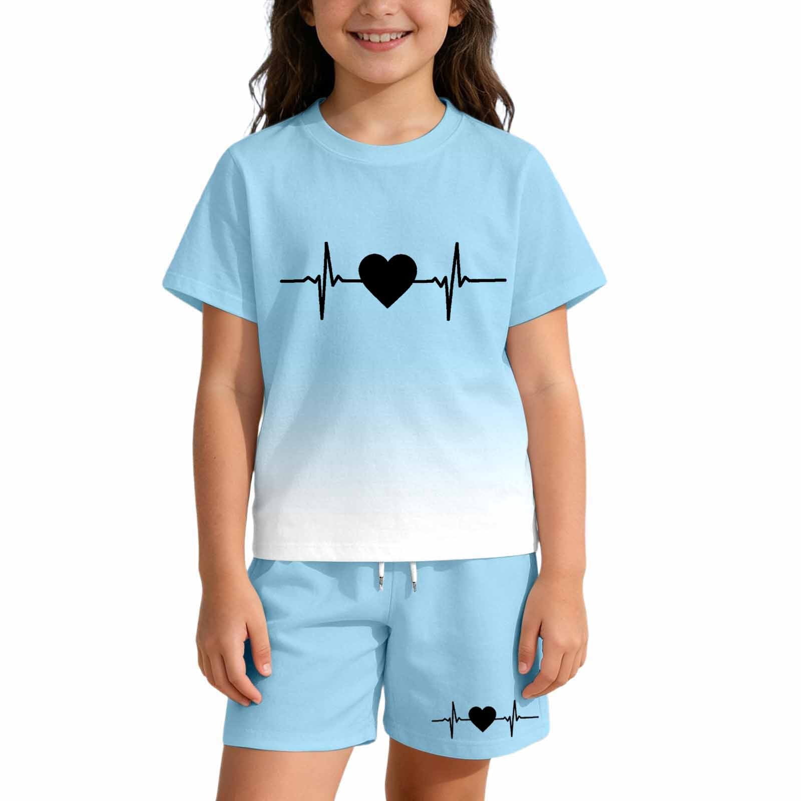 Byoo Tween Girl Gradient Outfit Set Heartbeat Print Short Sleeve T ...
