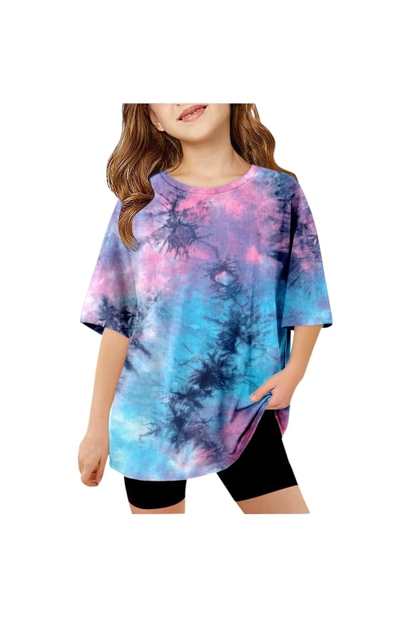 Tween Girl Short Sleeve Tshirt Tie Dye Oversize Crew Neck Summer Tee Shirt for Kids