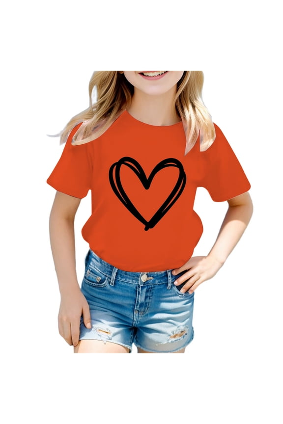 Tween Girl's Cute Heart Graphic Tee Short Sleeve O-Neck T-Shirt Soft Breathable Casual Tee Shirt for Kids