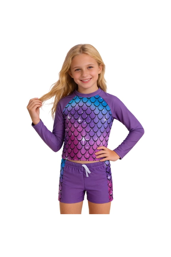 Tween Girl's Print Tankini Swimsuit Long Sleeve Gradient Scale Pattern Swim Set UPF Sun Protection Pool Beach Swimwear