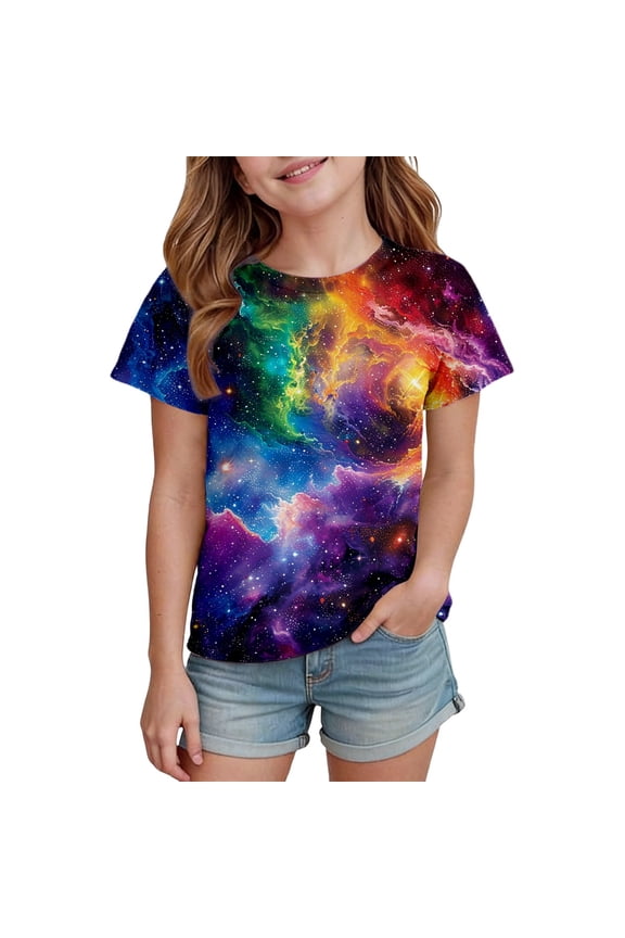 Tween Girl's Summer Oversized T Shirt Vibrant Nebula Space Print Relaxed Short Sleeve Tee Shirts