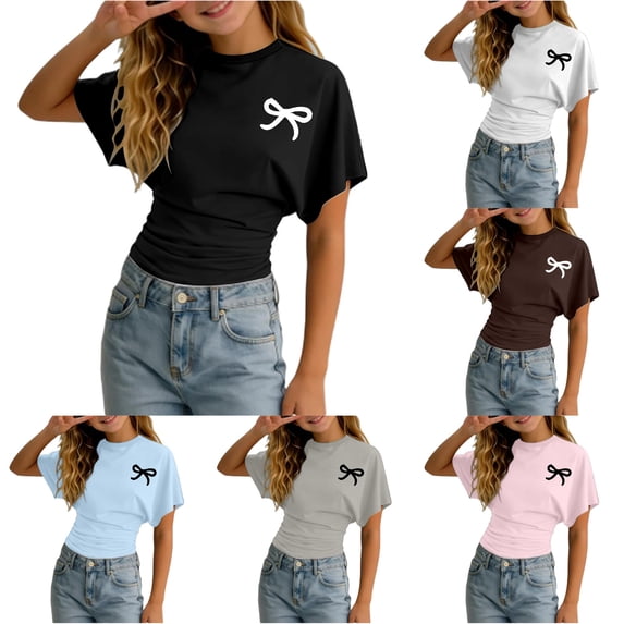 Byoo Tween Girl's Trendy T‑Shirt Bow Graphic Short‑Sleeve Tees Daily Tops