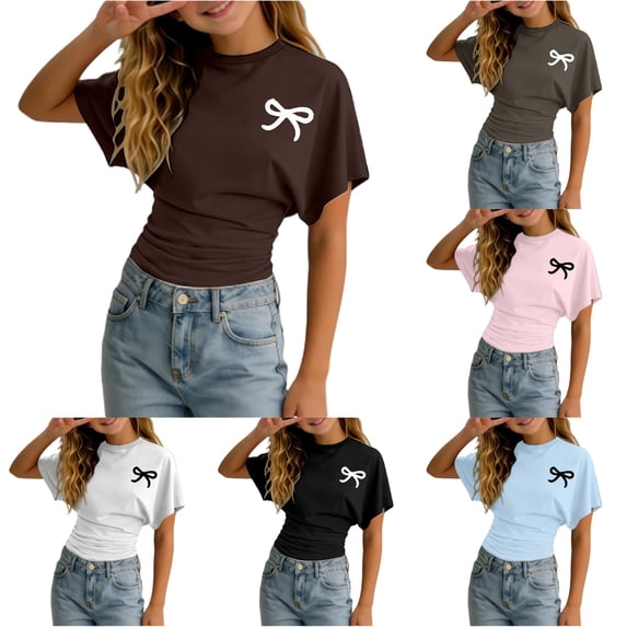 Byoo Tween Girl's Trendy T‑Shirt Bow Graphic Short‑Sleeve Tees Daily Tops