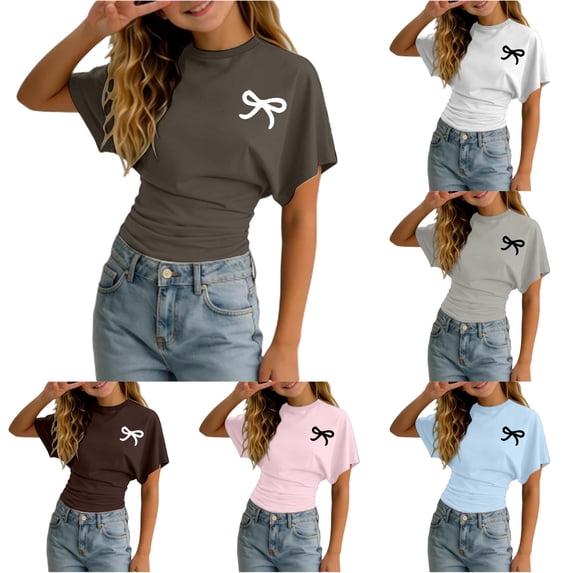 Byoo Tween Girl's Trendy T‑Shirt Bow Graphic Short‑Sleeve Tees Daily Tops