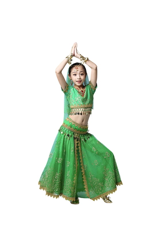 Tween Girls' Arabian Outfit Floral Embellished Dance Clothes Set with Headscarf