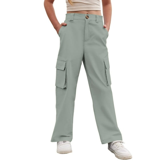 Byoo Tween Girls Basic Cargo Trousers Casual Solid Color Utility Pocket formal Pants Child Comfortable Trousers,Green
