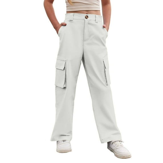 Byoo Tween Girls Basic Cargo Trousers Casual Solid Color Utility Pocket formal Pants Child Comfortable Trousers,White