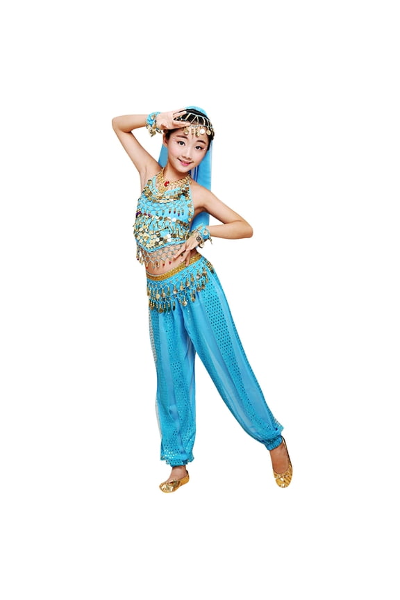 Tween Girls Belly Dance Outfit Sequined Coin Decorated Stage Party 3PCS Cloth Set