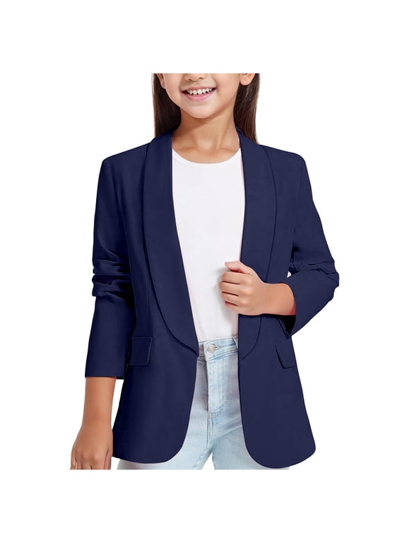 Tween Girls Blazer Jacket formal Solid Color Suit Jacket with Pocket Kids Trendy Basic Coat, Navy