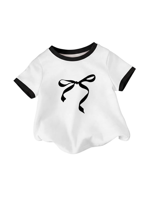 Tween Girls Bow Print T Shirt Cute Retro Short Sleeve Soft Tee Lightweight Breathable Summer Tee Shirt for Kids