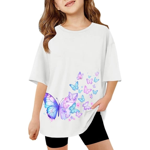 Byoo Tween Girls Butterfly Print T-Shirts Crew Neck Short Sleeve Casual Oversized Tops