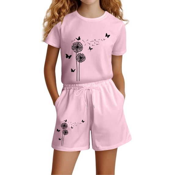 Byoo Tween Girls Dandelion Butterfly Print Outfit Set Short Sleeve Round Neck Tee Shirt Shorts Cloth Set Comfortable Sets