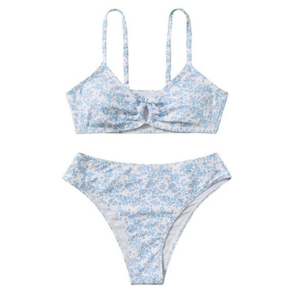 Byoo Tween Girls Ditsy Floral Print Two-Piece Swimsuit Bow Front Bikini Top with High Waist Bottoms Sport Beachwear Bikini Set
