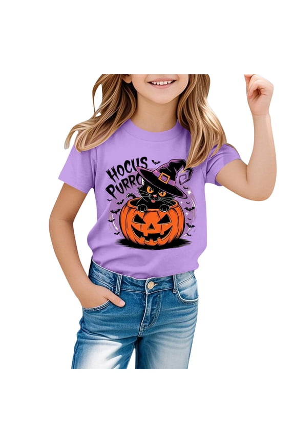 Tween Girls Graphic Tee Shirt Cat Pumpkin Print Short Sleeve Cute T Shirt for Kids Relaxed Fit Holiday Top,Purple