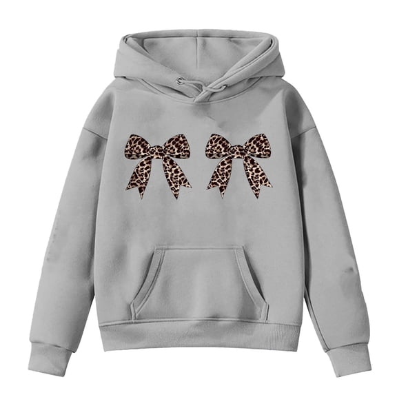 Byoo Tween Girls Hoodie Leopard Bow Printed Oversize Pocket Hooded Pullover Full Sleeve Hooded Sweatshirt Casual Classic Top