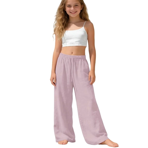Byoo Tween Girls Linen Wide Leg Pants Elastic Waist Beach Vacation Loose Fit Trousers